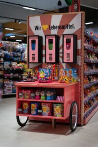 Candy-Club-Installation im Stil eines Süßwaren-Wagens.
